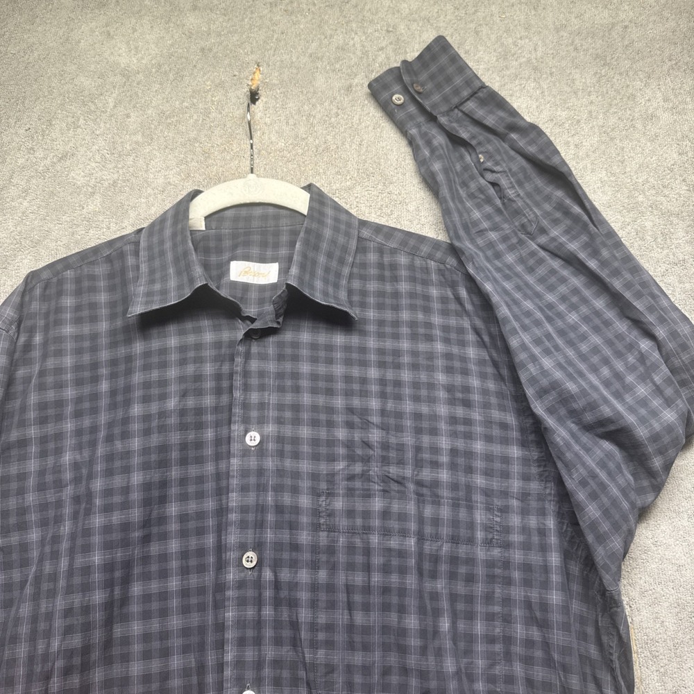 Brioni Men's Medium Black Gray Plaid Button Shirt Italian‎ Luxury Tailored Fit